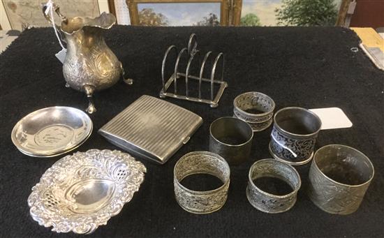 Sundry small silver, inc cream jug, toast rack, coin-set dishes, bowl, cig case etc & 6 napkin rings, various (1 Russian)